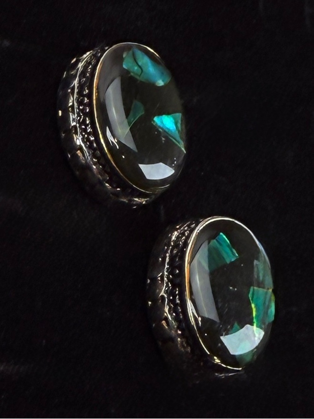 Vintage Silvertone, green center heavy weighted, pierced earrings costume